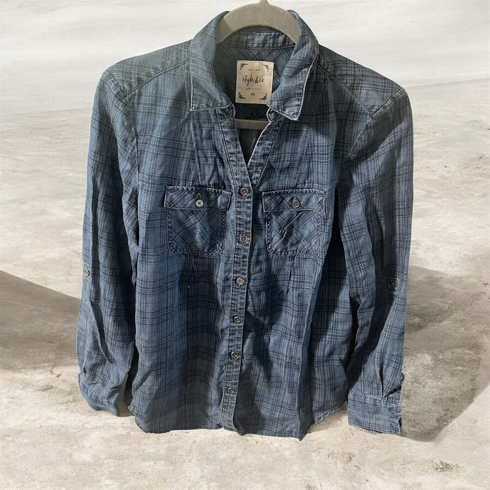 Style & Co Blue Plaid Button Down Shirt XS